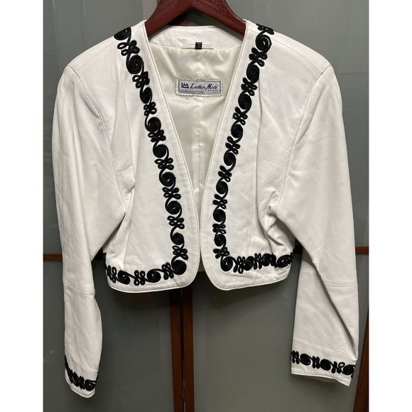 Leather Mode Vintage VTG 80s White Embroidered Womens Crop Bolero Jacket Size 6
